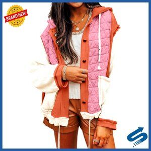 Quilted Patchwork Hooded Shacket, Loose Fit, Polyester, Long Sleeve
